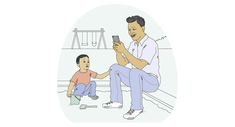 Pappa tittar på mobil medan barn leker i sandlåda - Illustration: Li Rosén