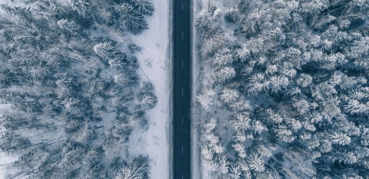 En skogsväg under vintern bild tagen uppifrån